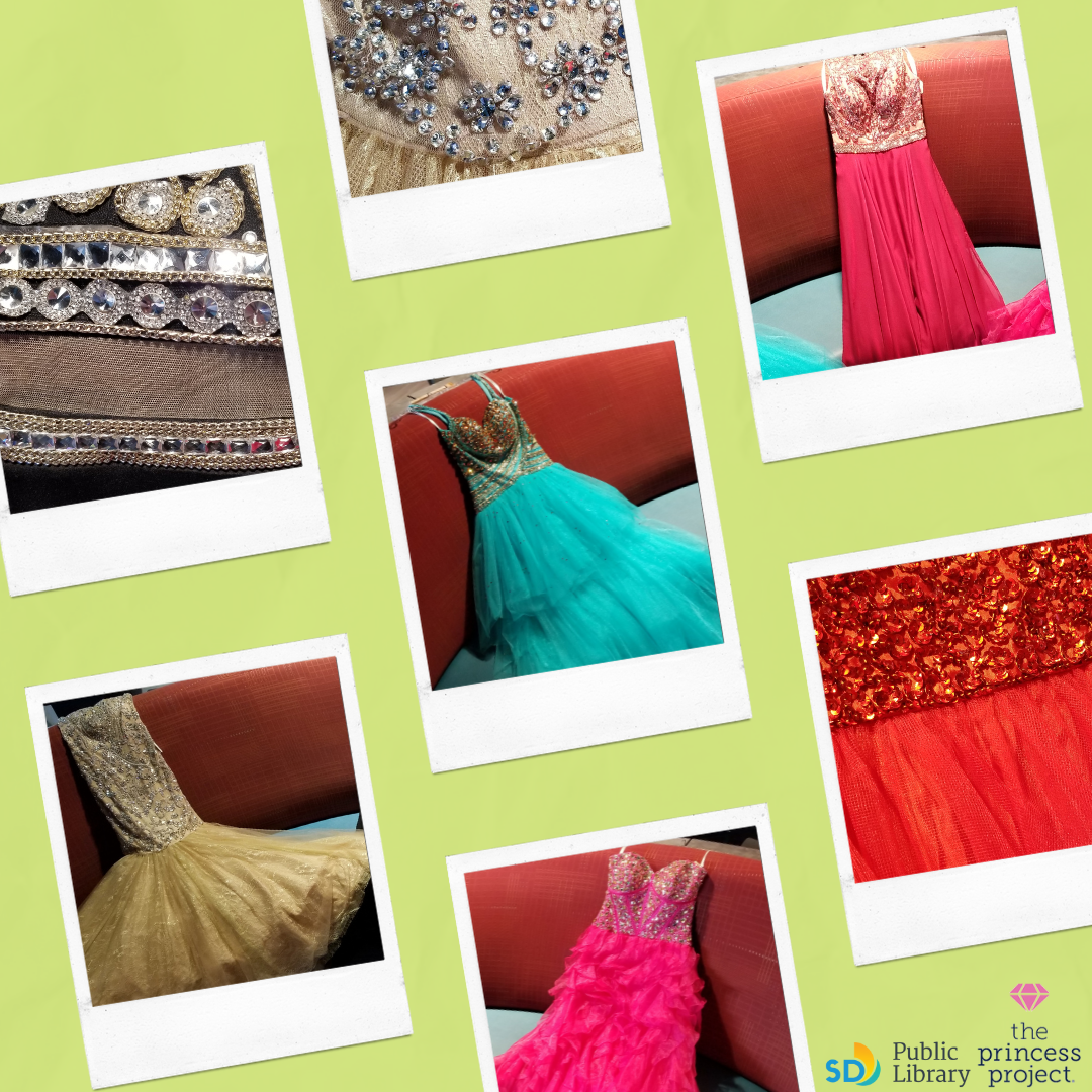 Photo of green, pink, and red prom dresses made of silk, lace, and lots of sequins and jewels on a lime green background