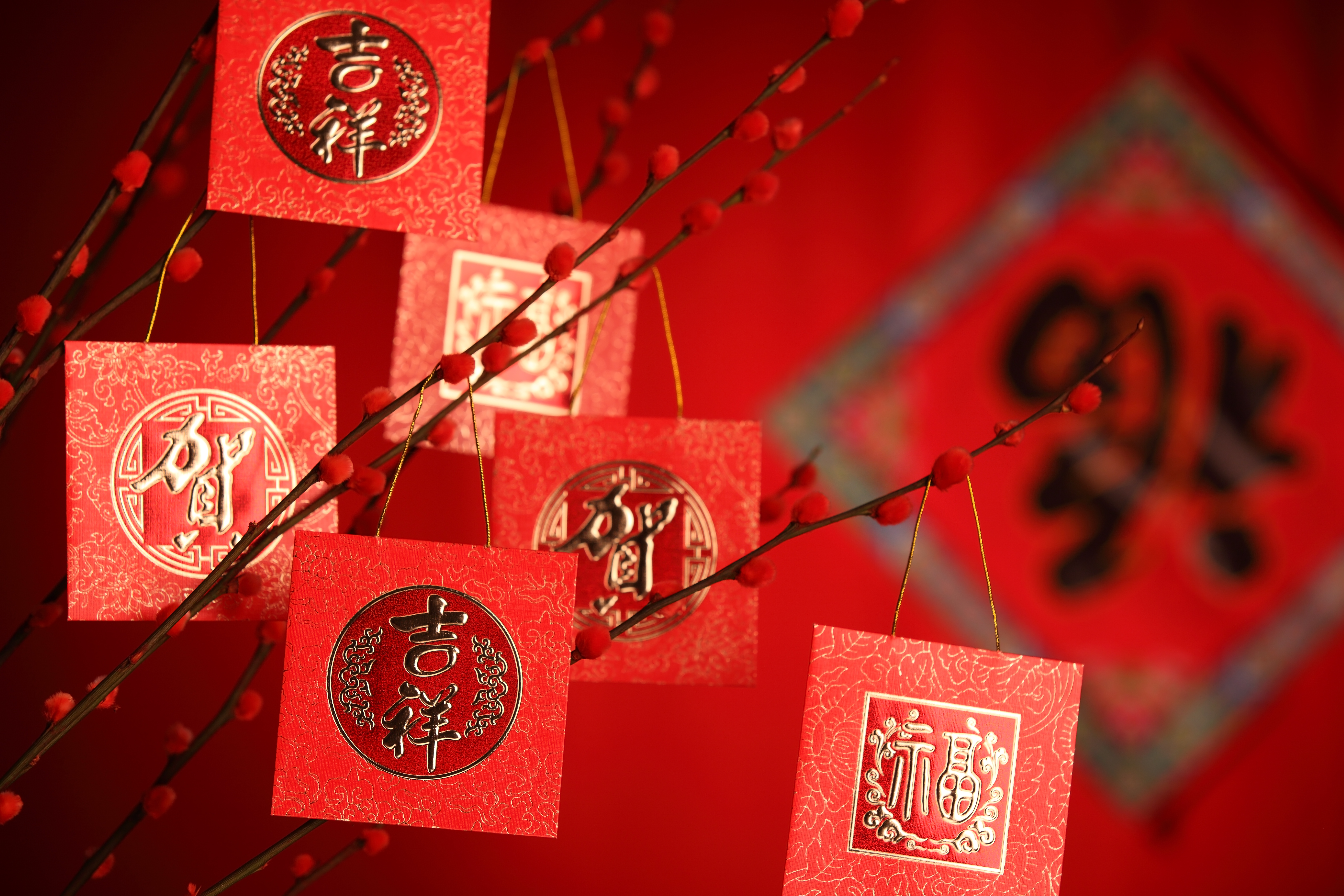 red and gold Lunar New Year decorations