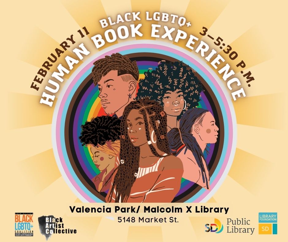 Yellow Flyer with a pride rainbow circle surrounding by glowing yellow rays, in the middle, are  black people with beautiful hairstyles and clothing.