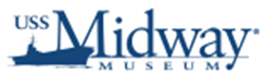 Logo of the USS Midway Museum in dark blue with white background, USS Midway in profile