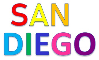 "San Diego" written in colorful, blocky letters