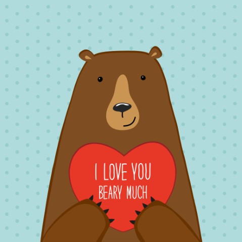 Bear cartoon holding sign 'I Love You Beary Much"