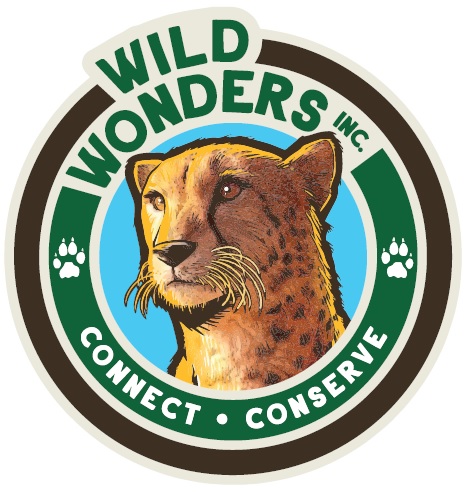 Logo with words Wild Wonders Connect Conserve and image of a cheetah