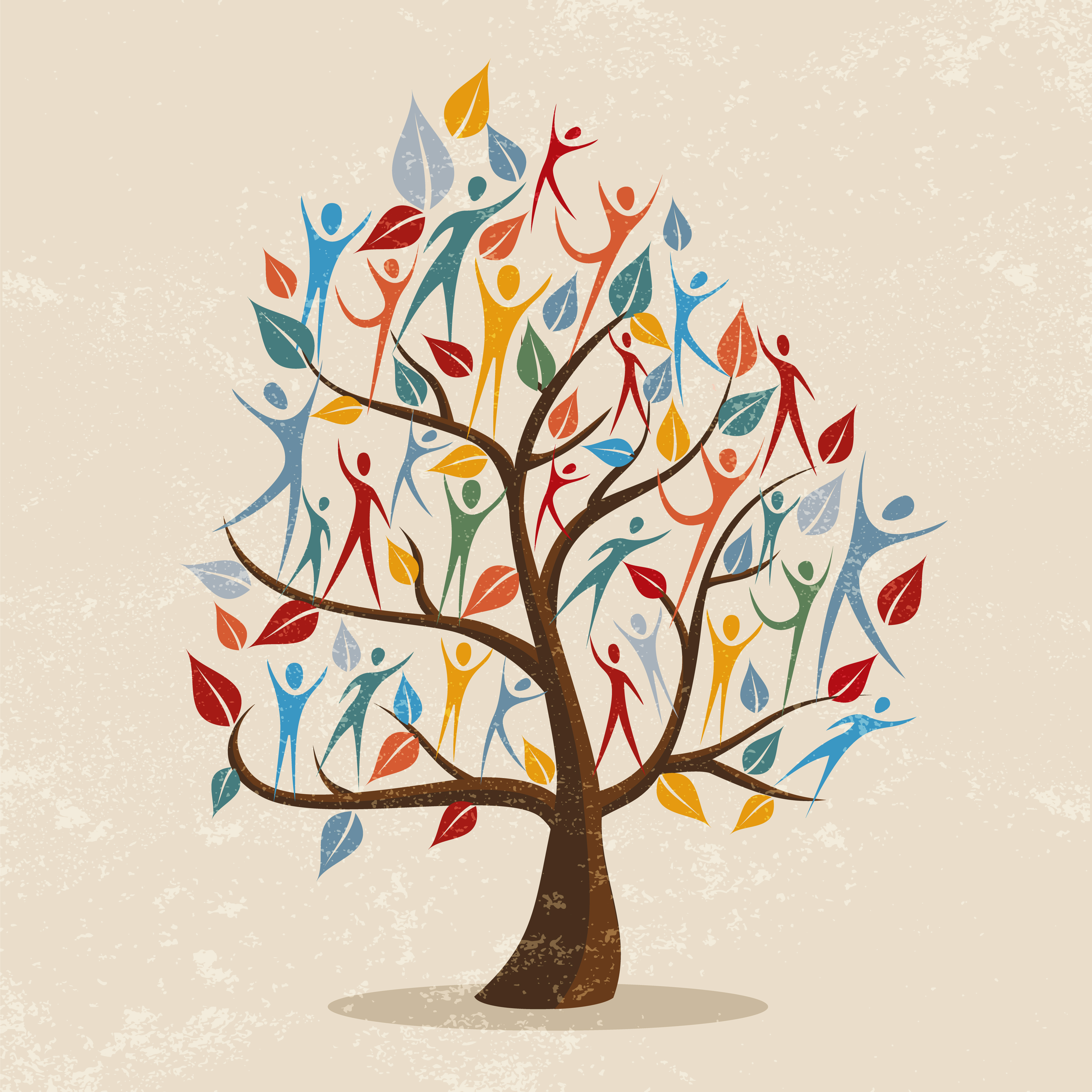 Tree image with colorful leaves and humans representing a family tree