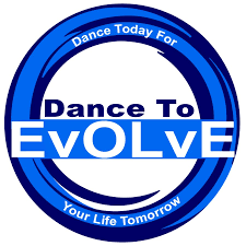 Blue circle with Dance to EvOLve logo in black and white print
