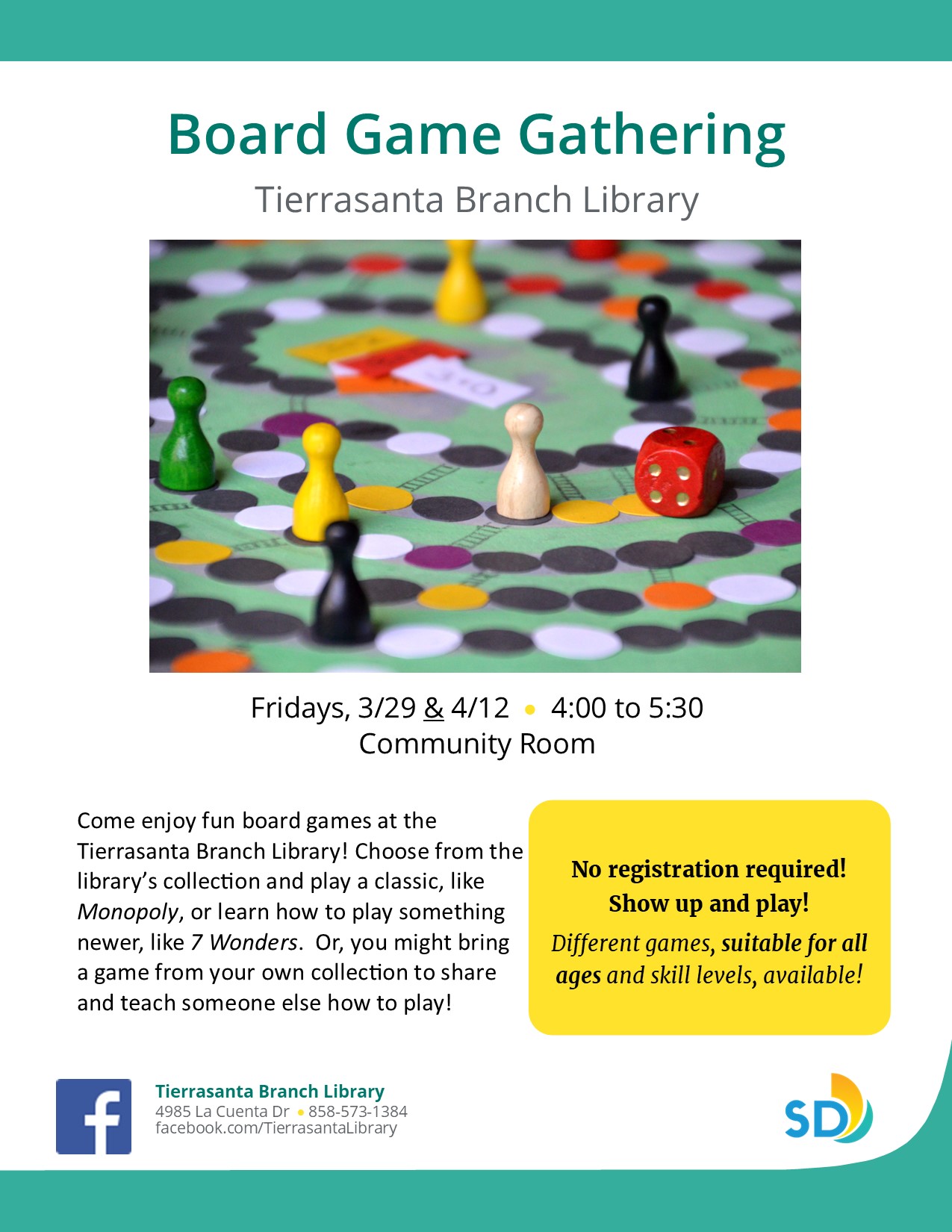 Board Game Gathering informational flyer featuring an image of game pieces on a gameboard.