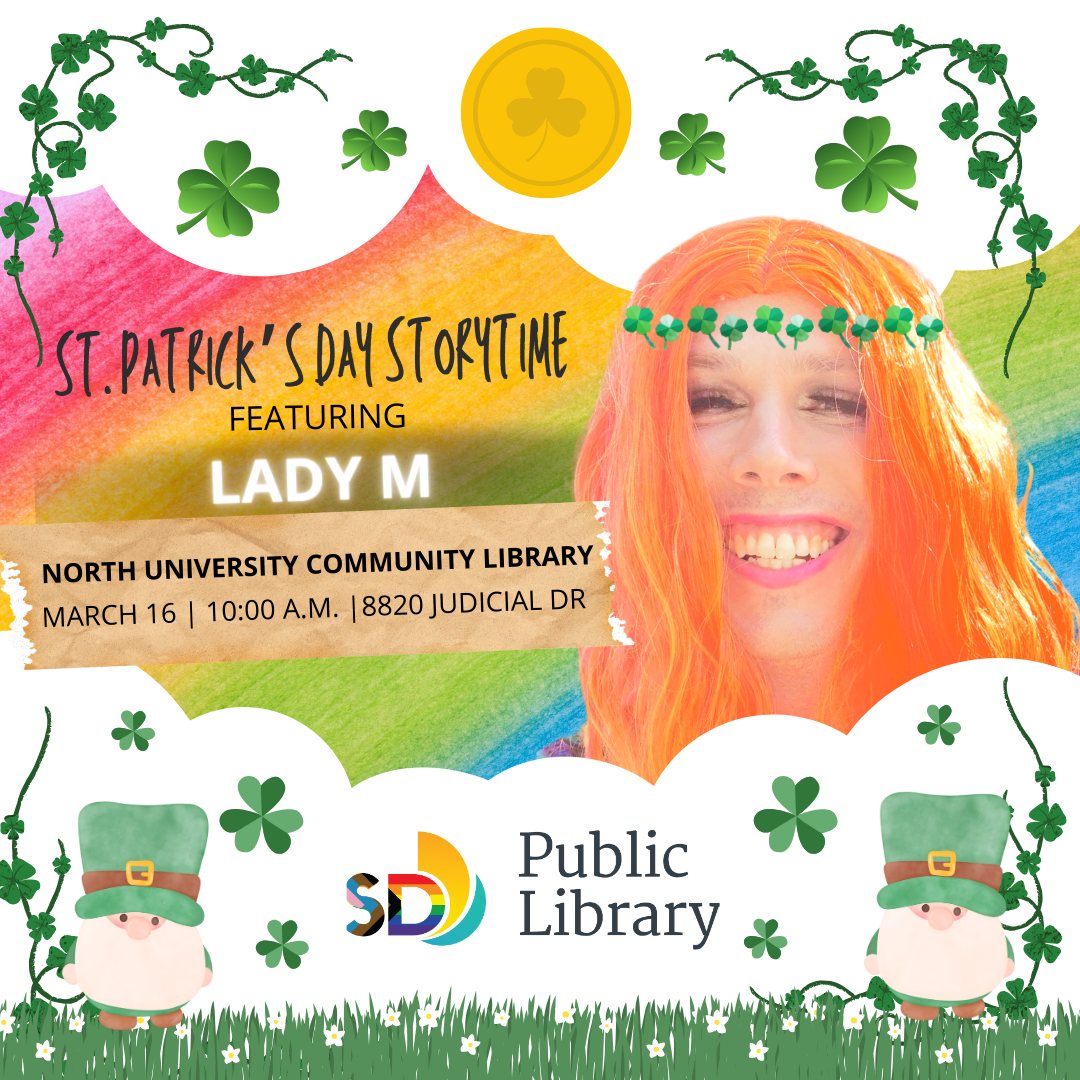 A colorful St. Patrick's Day flyer with white clouds, green shamrocks, and a rainbow background. Two leprechauns in green suits are sitting in green grass. Lady M has orange hair and is smiling!
