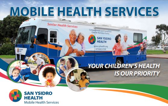 Mobile health services bus with five circular frames with pictures of a toddler girl, a young boy, a toddler girl, a female adult holding a baby, and young girl at the lower left. 