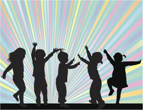 Silhouette of 5 children dancing against a rainbow background