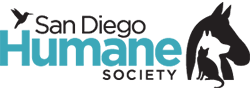 Logo for San Diego Humane Society, Black and Teal Letters on a white field. Their logo is a silhouette of a white cat, brown dog, and black horse. 