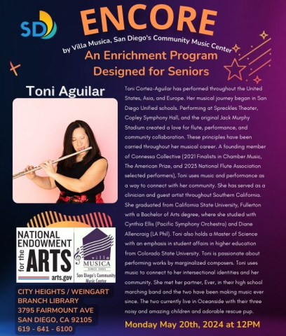 Toni Aguilar will be at the City Heights/Weingart Library for the Encore program! 12-1pm with a light lunch.