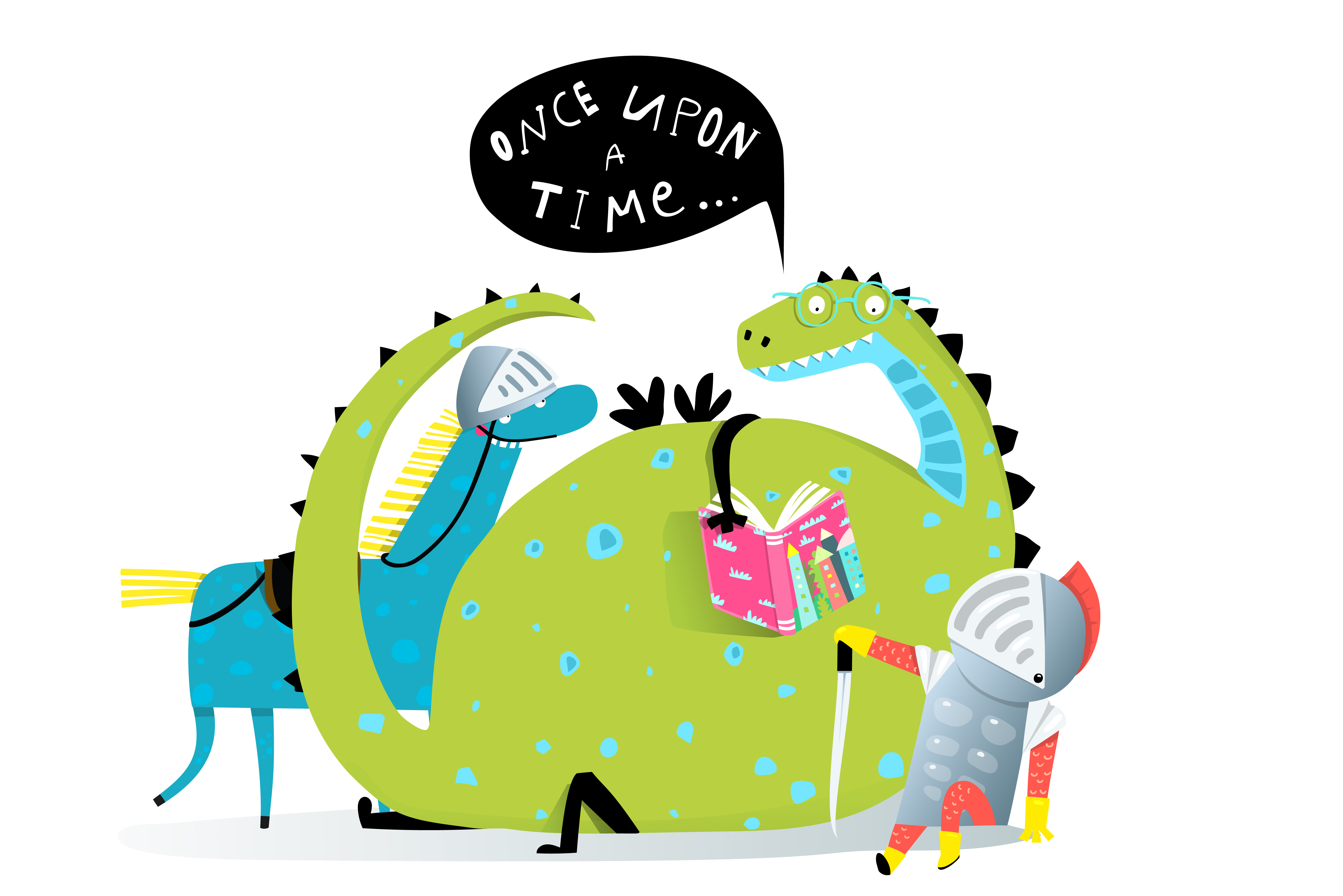 Cartoon dragon reading aloud: "Once upon a Time"