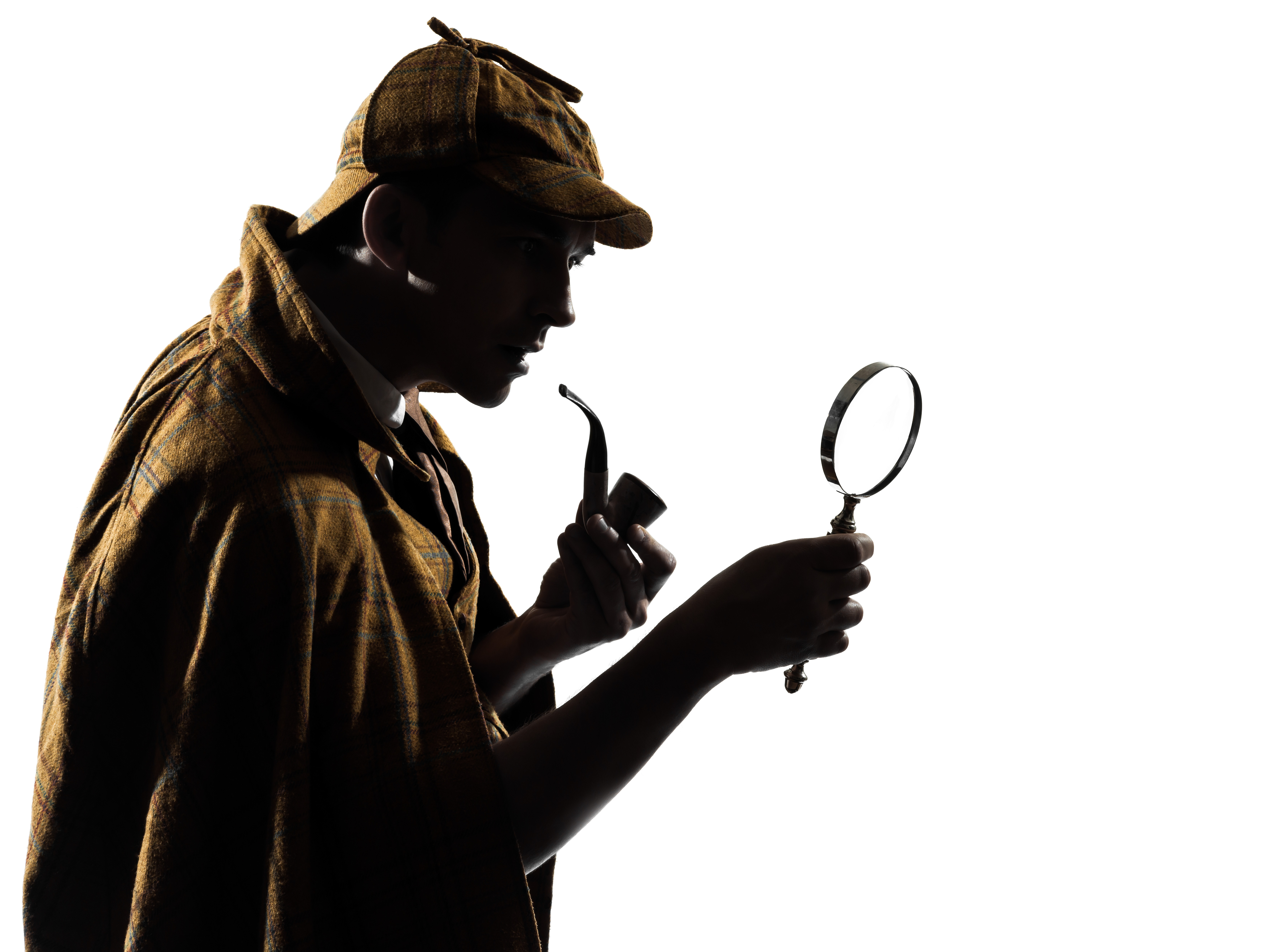 Sillouette of Sherlock Holmes with pipe and magnifying glass
