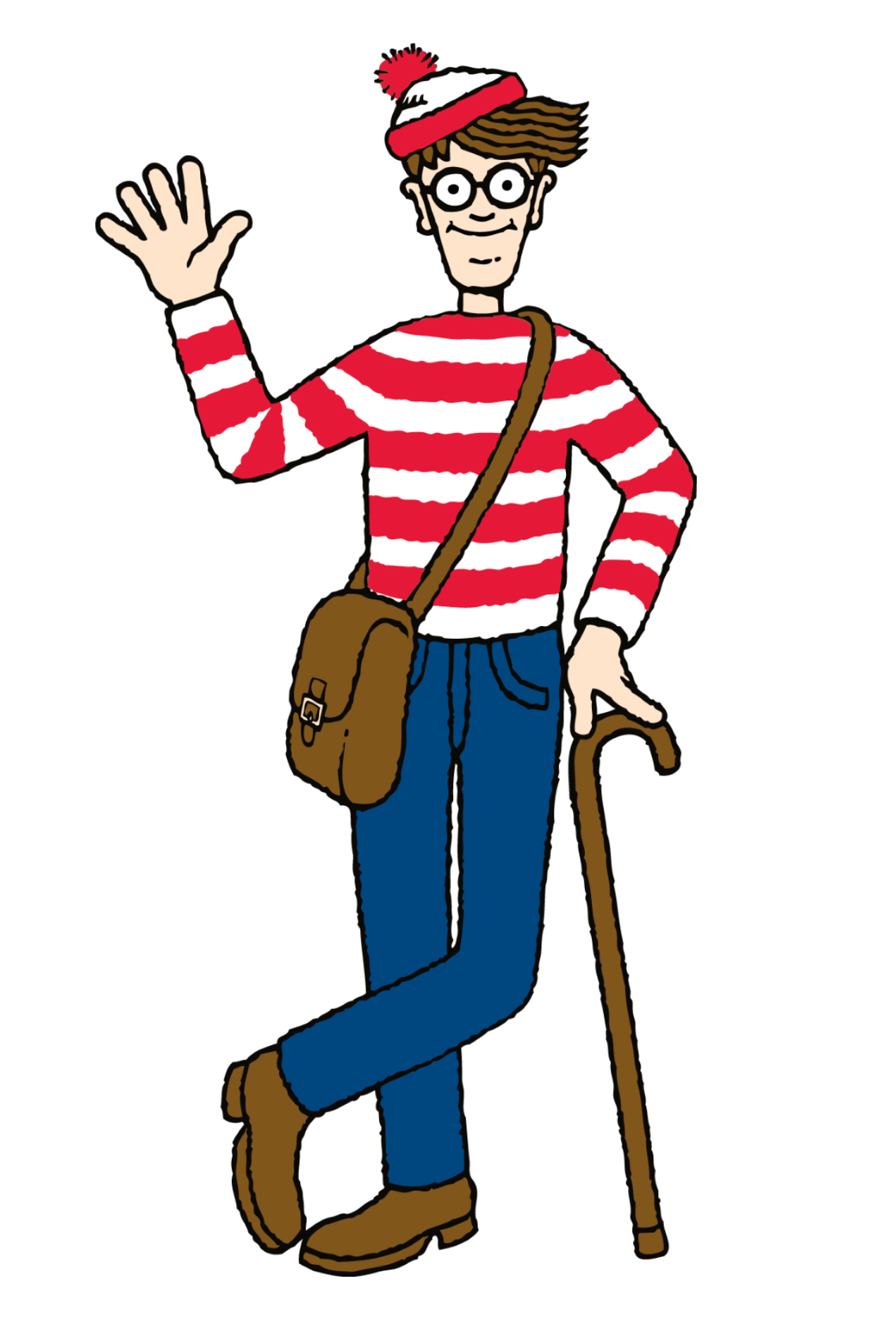 Waldo character with a cane and satchel, waving