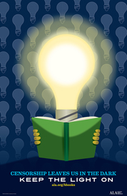 A Lightbulb Reading a book, with the text Censorship Leaves Us in the Dark. Keep The Light On.