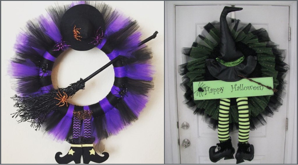 Two door wreaths decorated with witches for Halloween