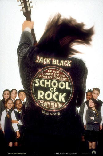 Movie poster of "School of Rock" with Jack Black playing guitar
