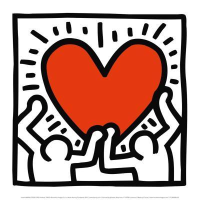 Keith Haring painting of two people holding up a red heart