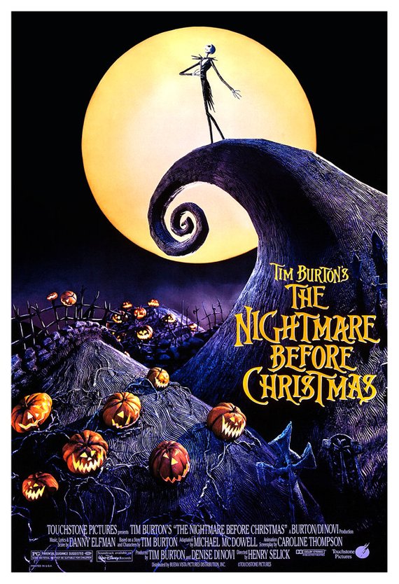Movie Poster of Nightmare Before Christmas: Jack Skeleton overlooking town on spiral mountain with Bright Yellow Full Moon in background.