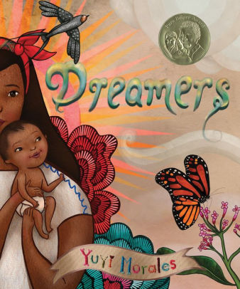 Book Cover of Dreamers, Mother Holding Child surrounded by clouds.