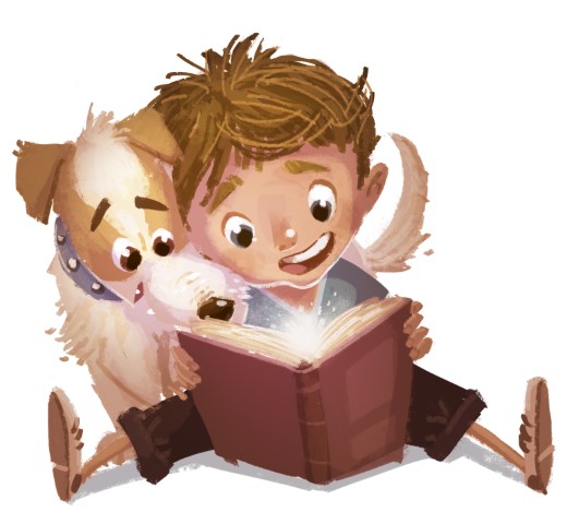 Boy and a dog reading a book