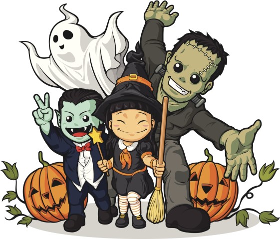 Cartoon image of ghost, Frankenstein monster, witch, and vampire, with jack o' lanterns