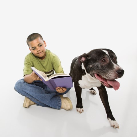 Boy reading to a dog.