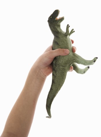 Child's hand holding a toy dinosaur