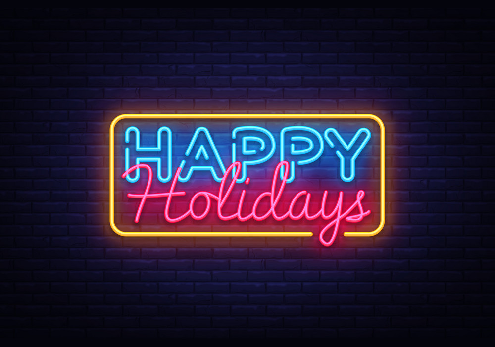 blue & pink happy holidays neon sign