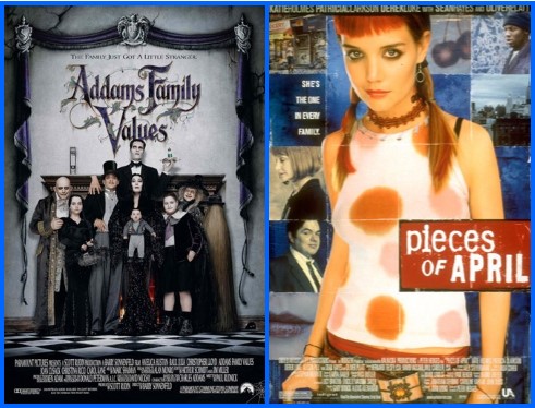 Posters for the films "Addams Family Values" and "Pieces of April"