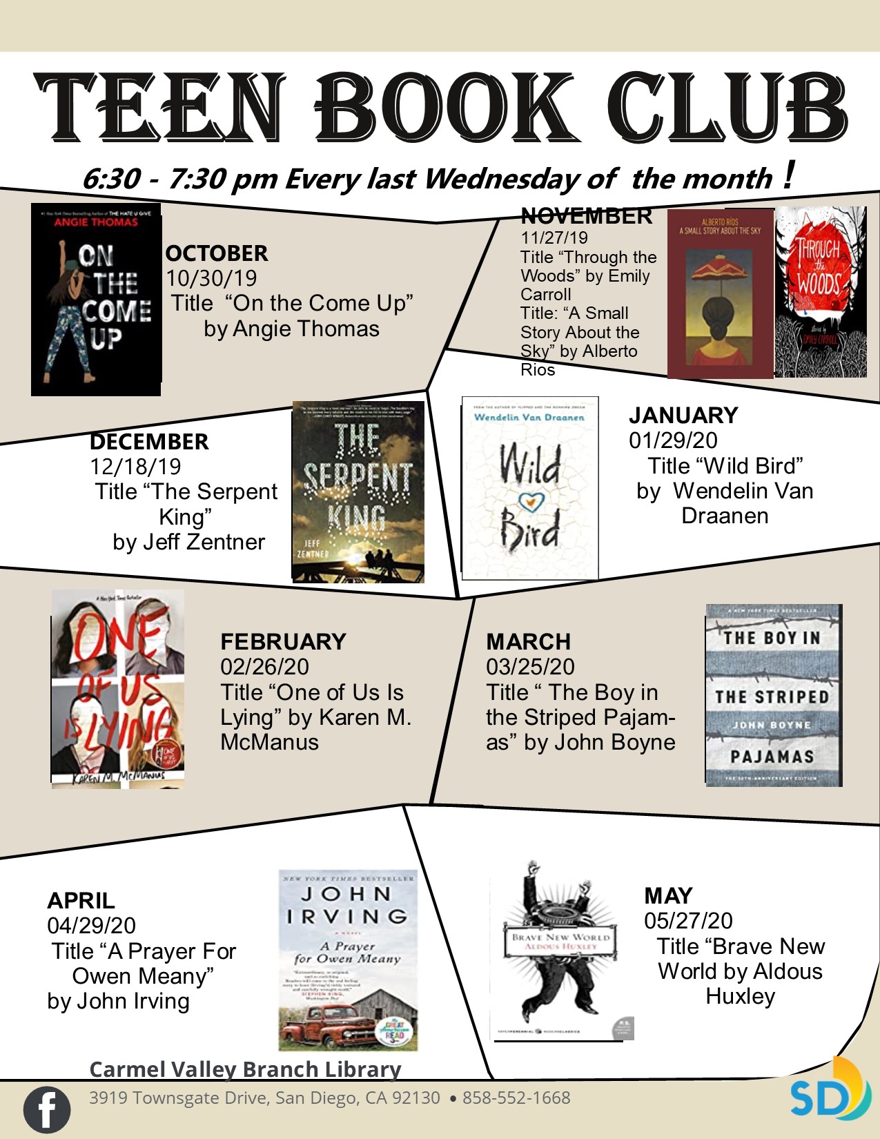 Photo shows the upcoming teen book club selections