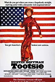 Main character dressed in a red sequined gown and posed in front of an American flag.