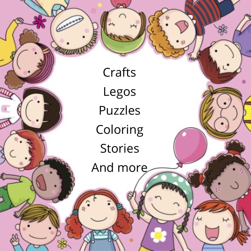 Circle of cartoon children surrounding the text "Crafts, Legos, Puzzles, Coloring, Stories, and More"