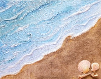 Multi-textured waves and beach on canvas made with real sand, seashells, and paint. 