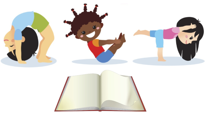 Illustration of children doing yoga poses and a book.
