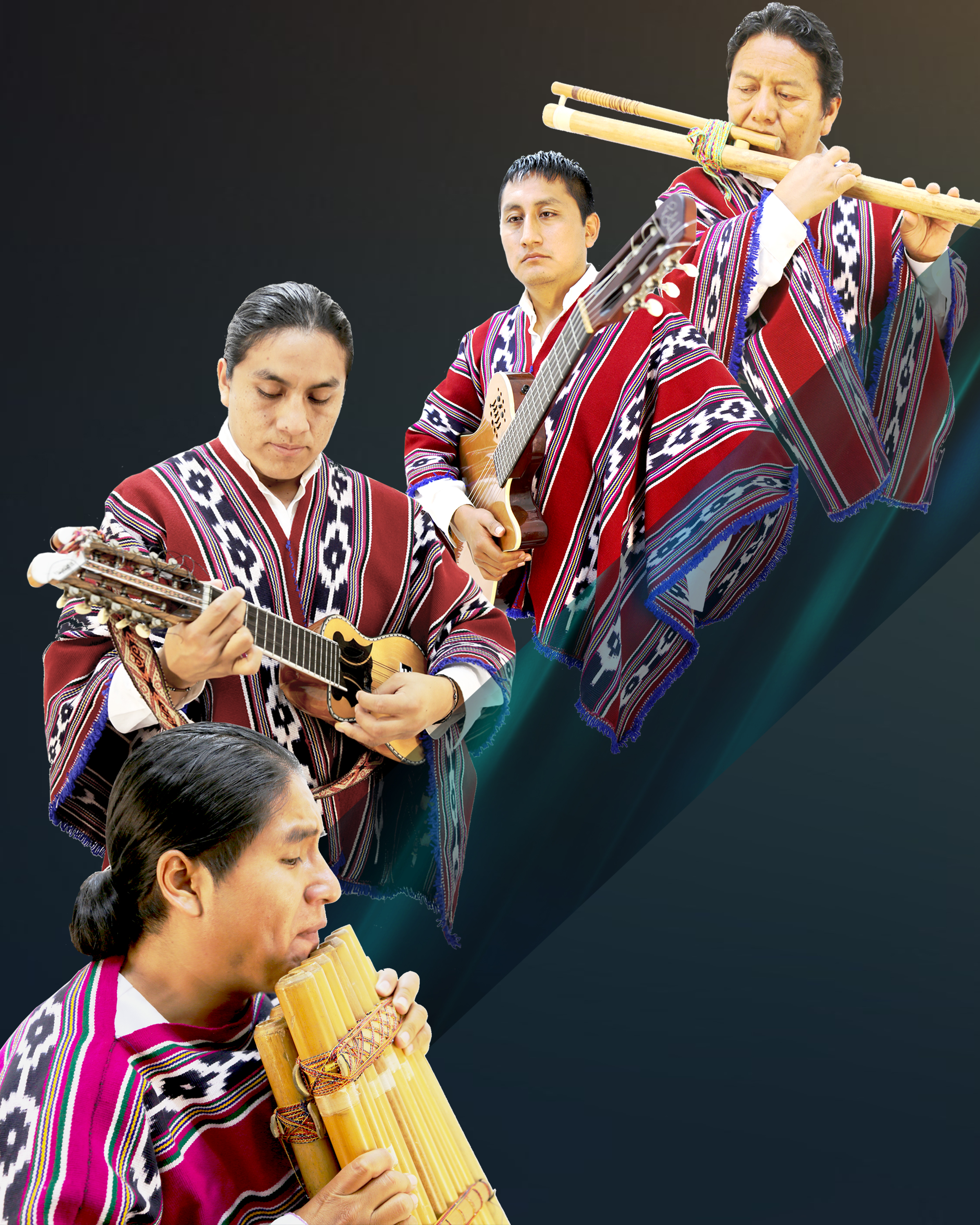Photo of musicians playing traditional Andean flutes and other instruments.