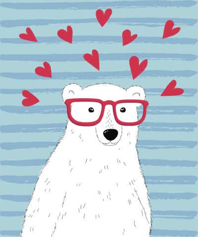Illustration of a white polar bear wearing red glasses, with red hearts around and above its head