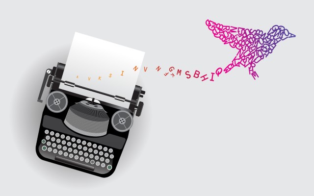 Image of black typewriter with sheet of paper ready to go. A trail of colorful letters begin at the corner and of one page and turn into a bird made of letters