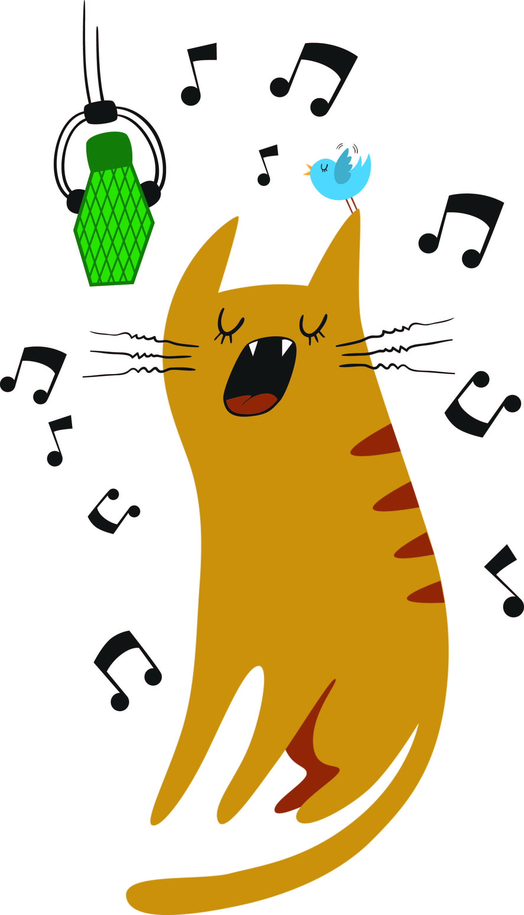 Cartoon image of cat and birding singing into mic, surrounded by music notes