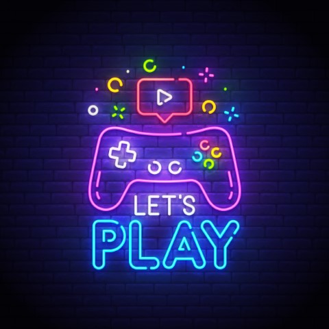 Neon outline of video game controller on a black background. The words "Let's play" are written below, also in neon outlines.