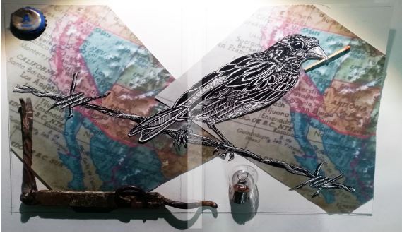 artwork of a bird perched on a barbed wire and a match in its' beak