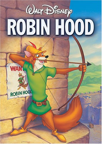 Cartoon fox Robin Hood shooting an arrow with text Walt Disney: Robin Hood