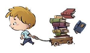 Boy pulling cart with books