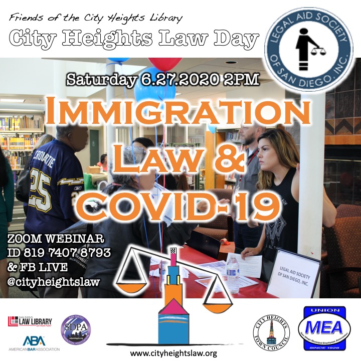 Flyer with webinar title and photo of lawyers and clients at Legal Aid outreach table.