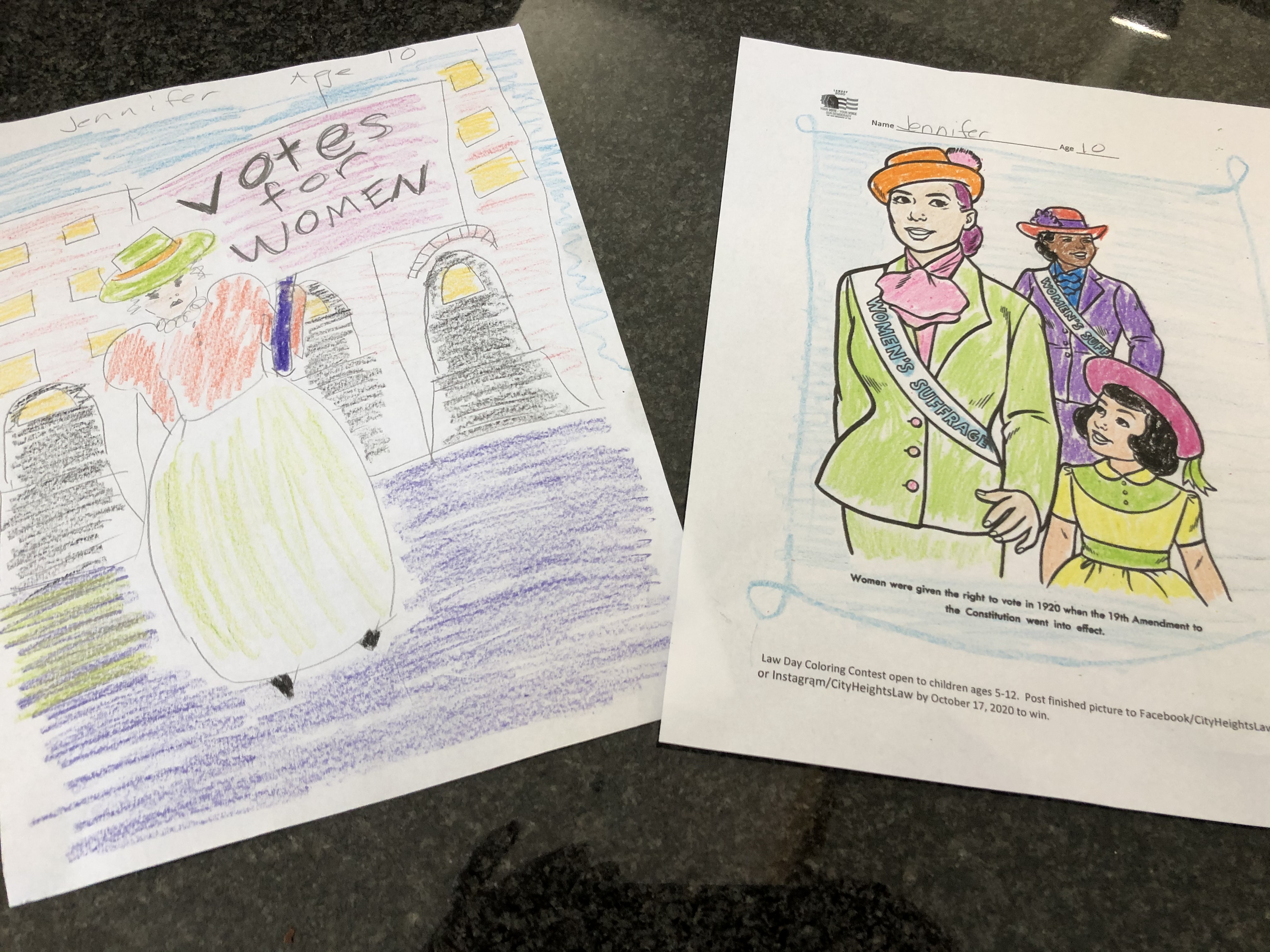 examples of child's coloring page and original artwork about women's right to vote.