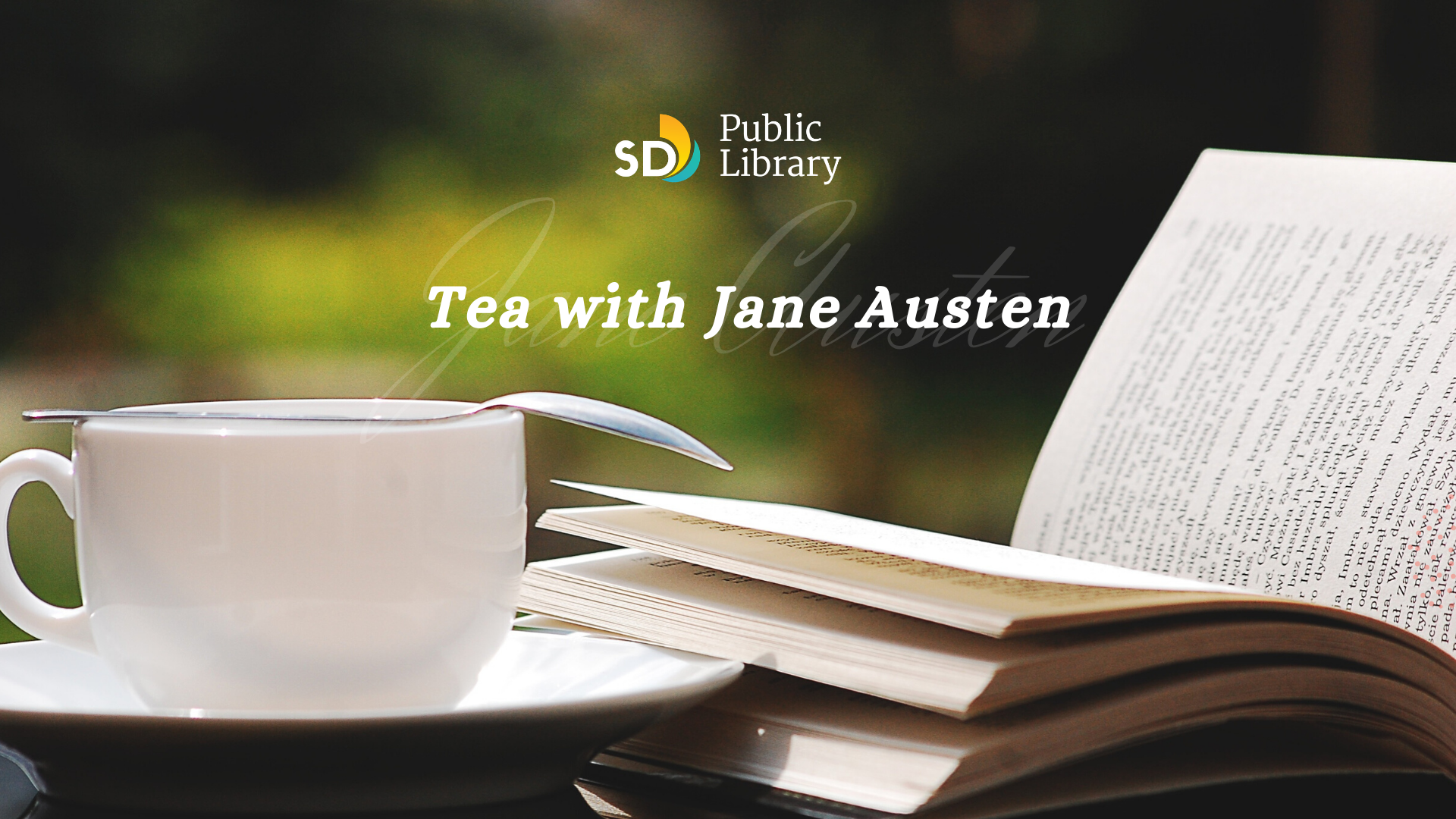Tea cup and open book, with the words "Tea with Jane Austen"