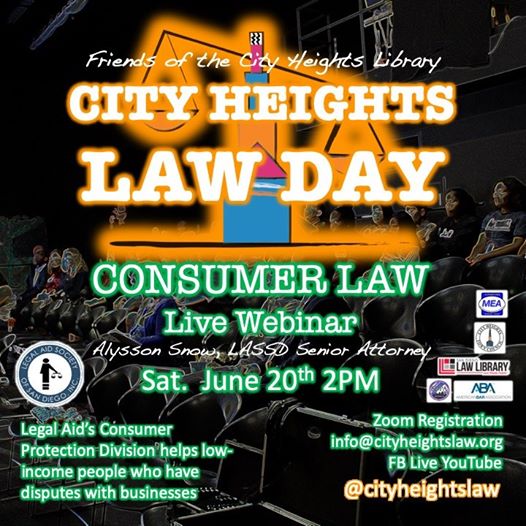 City Heights Law Day Logo: City Heights Tower and Scales of Justice, orange and blue, on a black background.