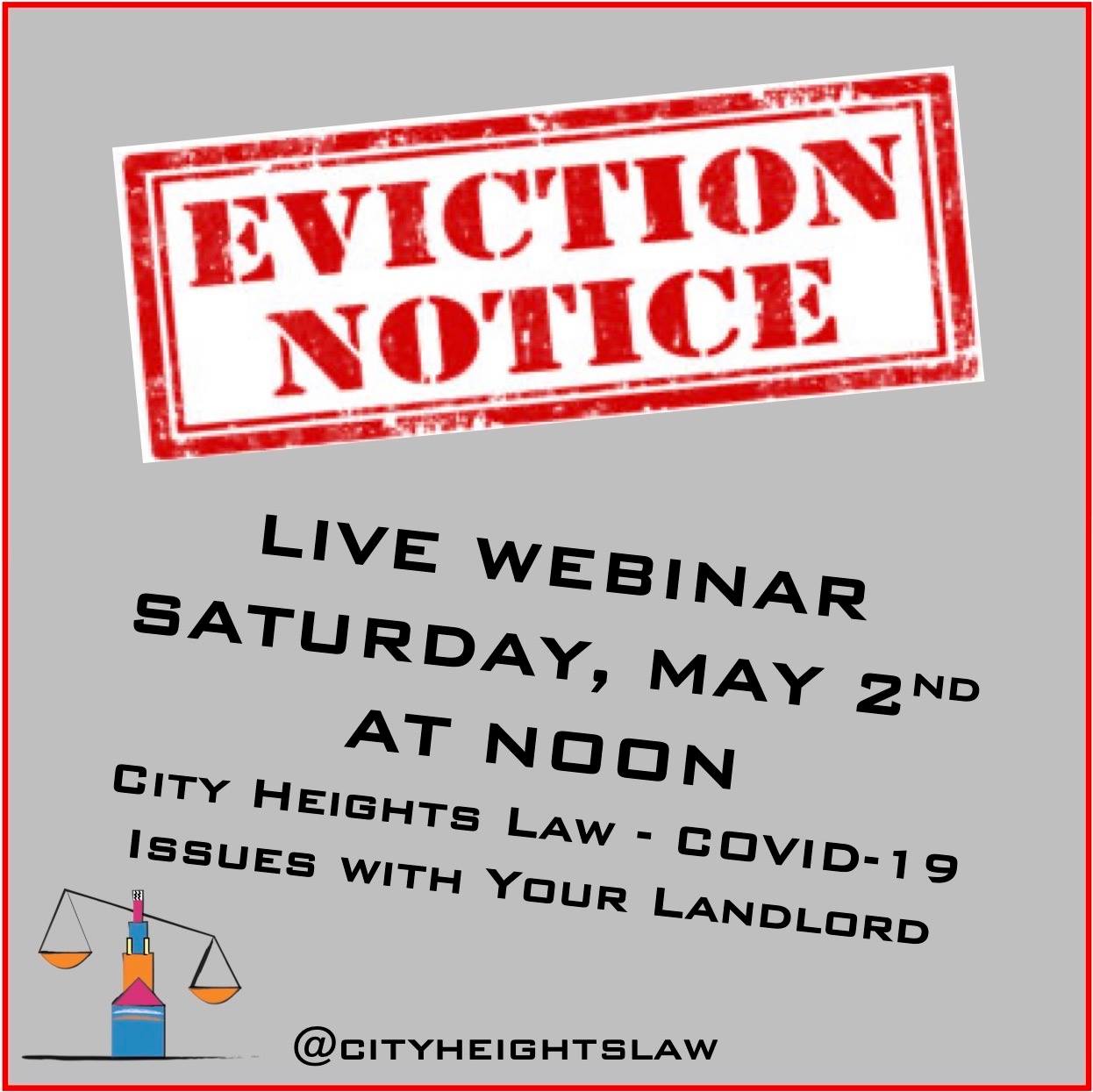 Eviction Notice graphic.  Live webinar Saturday, May 2nd, at noon.