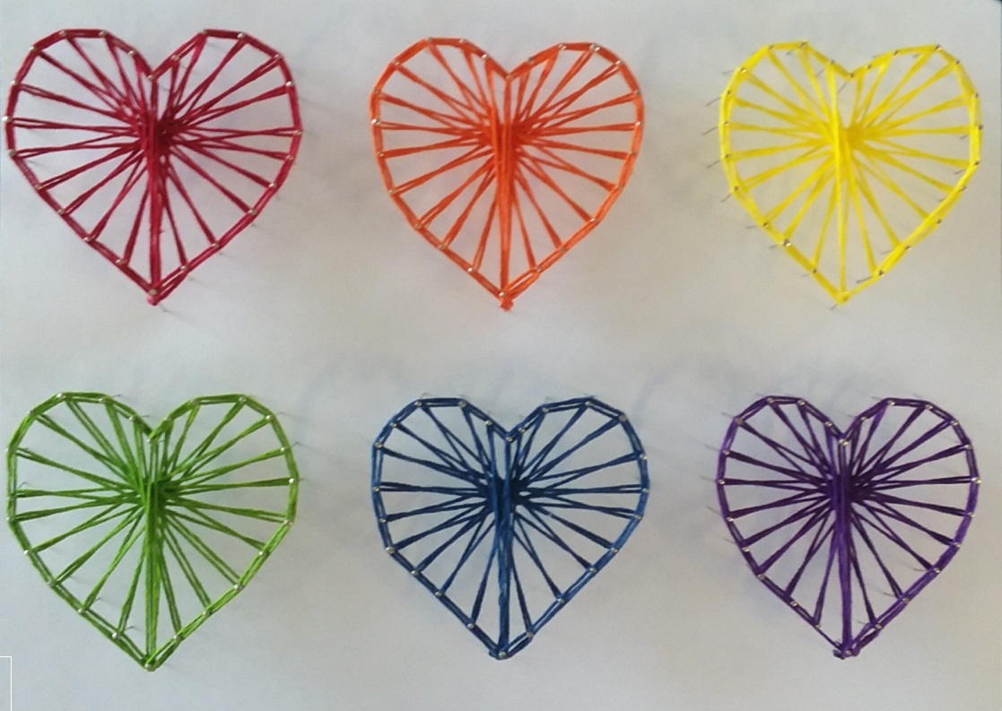 String Art Hearts in Rainbow Colors
