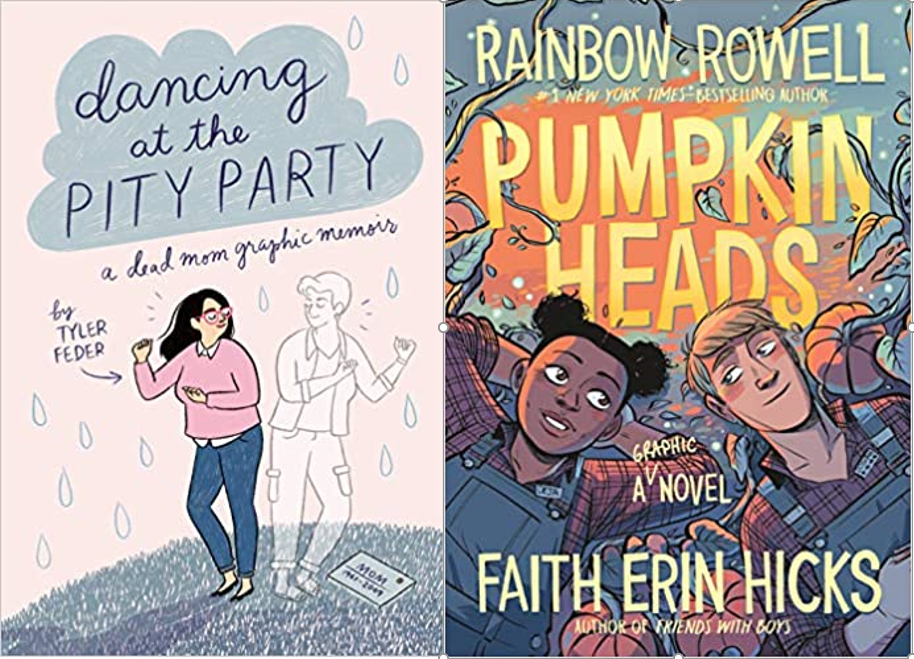 Book covers for Dancing at the Pity Party and Pumpkinheads